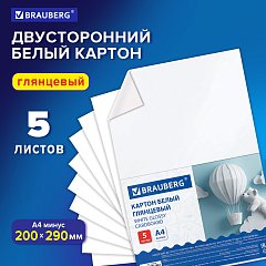 Картон белый А4 МЕЛОВАННЫЙ (белый оборот) 5 листов, BRAUBERG, 200х290мм, Код 1С, 116626 фото