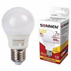 Лампа светодиодная SONNEN, 7 (60) Вт, цоколь E27, груша, теплый белый свет, 30000 ч, LED A55-7W-2700-E27, 453693 фото