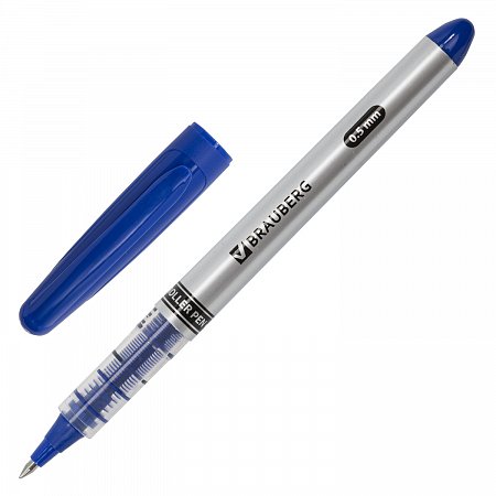Ручка-роллер BRAUBERG "Control", СИНЯЯ, корпус серебристый, узел 0,5 мм, линия письма 0,3 мм, 141554 фото