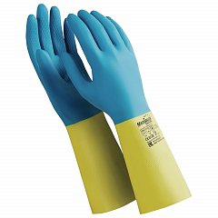 Перчатки латексно-неопреновые MANIPULA "Союз", хлопчатобумажное напыление, размер 7-7,5 (S), синие/желтые, LN-F-05 фото