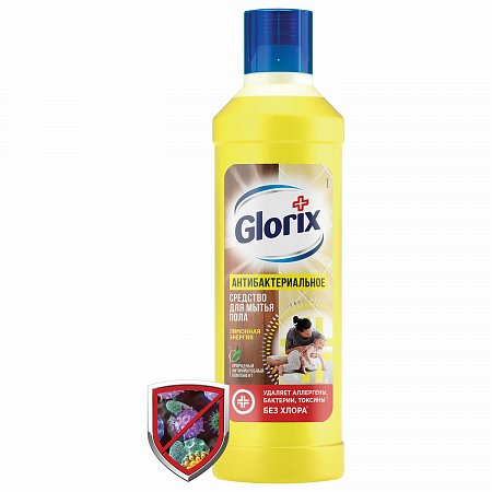 Средство для мытья пола дезинфицирующее 1 л GLORIX (Глорикс) "Лимонная Энергия", без хлора, 8677296 фото