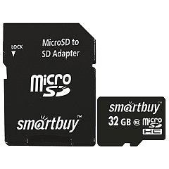 Карта памяти micro SDHC, 32 GB, SMARTBUY, 10 Мб/сек. (class 10), с адаптером, SB32GBSDCL10-01 фото