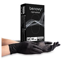 Перчатки одноразовые нитровиниловые 50 пар (100 штук), размер M (средний), черные, BENOVY, - фото