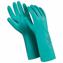 Перчатки нитриловые MANIPULA "Дизель", хлопчатобумажное напыление, размер 9 (L), зеленые, N-F-06 фото