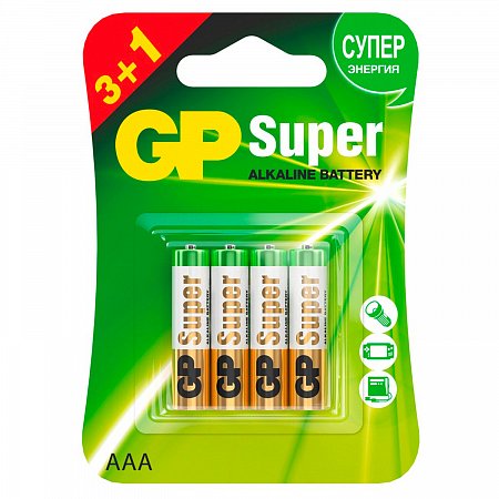Батарейки GP Super, AAA (LR03, 24А), алкалиновые, мизинчиковые, КОМПЛЕКТ 4 шт., ПРОМО 3+1, 24A3/1-2CR4 фото