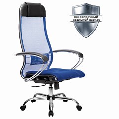 Кресло офисное МЕТТА "К-3" хром, ткань-сетка, сиденье и спинка регулируемые, синее фото