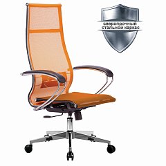 Кресло офисное МЕТТА "К-7" хром, прочная сетка, сиденье и спинка регулируемые, оранжевое. фото