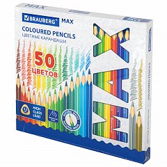 Карандаши цветные супермягкие яркие трехгранные BRAUBERG MAX, 50 цветов, грифель мягкий 3,3 мм, 181860 фото