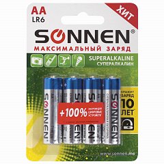 Батарейки КОМПЛЕКТ 4 шт., SONNEN Super Alkaline, АА (LR6,15А), алкалиновые, пальчиковые, блистер, 451094 фото