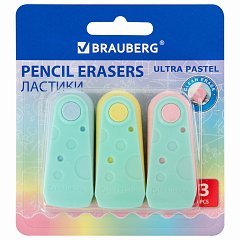 Ластики BRAUBERG "ULTRA PASTEL", НАБОР 3 ШТУКИ, 57х24х15 мм, ассорти пастель, бирюзовый пластиковый держатель, блистер, 272689 фото