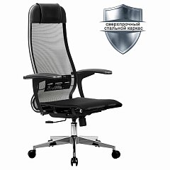 Кресло офисное МЕТТА "К-4-Т" хром, прочная сетка, сиденье и спинка регулируемые, черное фото