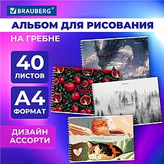 Альбом для рисования А4 40 листов, гребень, обложка картон, BRAUBERG, 203х288мм, МИКС, 107118 фото