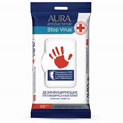 Дезинфицирующие салфетки влажные 48 шт., AURA "Stop Virus", для рук и поверхностей, 10535 фото