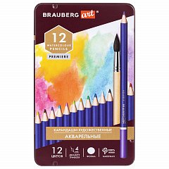 Карандаши художественные цветные акварельные BRAUBERG ART PREMIERE, 12 цветов, грифель 4 мм, металл, 181533 фото
