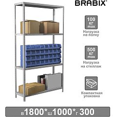 Стеллаж металлический BRABIX "MS KD-180/30-4", 1800х1000х300 мм, 4 полки, сборная стойка, 291114, S240BR143402 фото