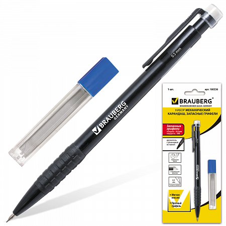 Набор BRAUBERG: механический карандаш, корпус черный, грифели, НВ, 0,5 мм, 12 шт., 180336 фото