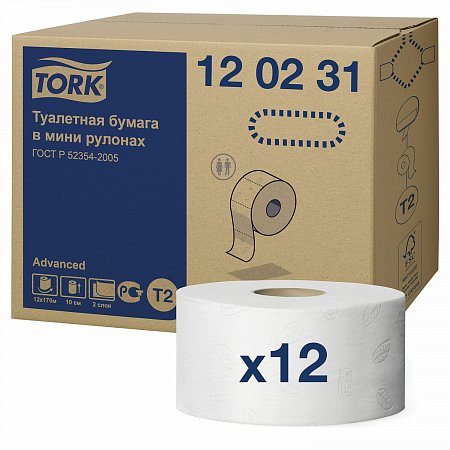 Бумага туалетная 170 метров, TORK (Система T2) ADVANCED, 2-слойная, белая, КОМПЛЕКТ 12 рулонов, 120231 фото