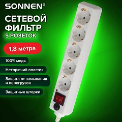 Сетевой фильтр SONNEN U-351, 5 розеток, с заземлением, выключатель, 10 А, 1,8 м, белый, 511424 фото