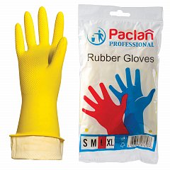 Перчатки хозяйственные латексные, х/б напыление, размер L (большой), желтые, PACLAN Professional фото
