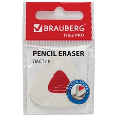 Ластик BRAUBERG "Trios PRO", 36х36х9 мм, белый, треугольный, красный пластиковый держатель, 229559 фото