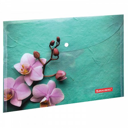 Папка-конверт с кнопкой BRAUBERG "FLOWER", А4, 160 мкм, до 100 листов, цветная печать, 228031 фото
