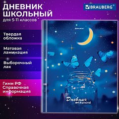 Дневник 5-11 класс 48 л., твердый, BRAUBERG, выборочный лак, с подсказом, Бабочки, 107198 фото