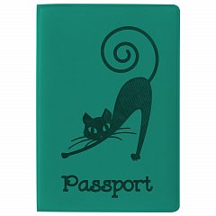 Обложка для паспорта STAFF, мягкий полиуретан, "Кошка", бирюзовая, 237616 фото