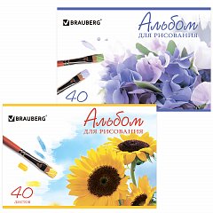 Альбом для рисования, А4, 40 листов, скоба, обложка картон, BRAUBERG, 200х283 мм, "Цветы" (2 вида), 102851 фото