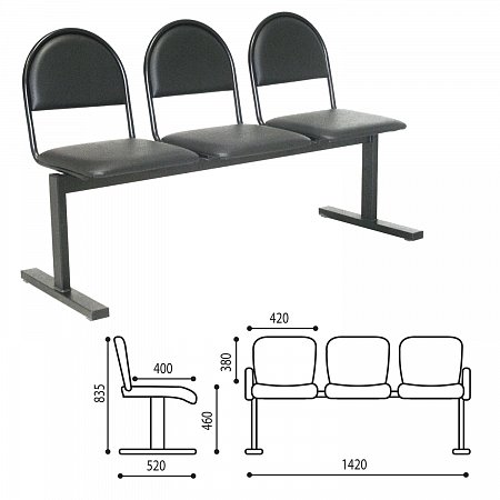 Кресло для посетителей трехсекционное "Тройка", 835х1420х520 мм, черный каркас, черный кожзам, СМ 91-03 К01 фото